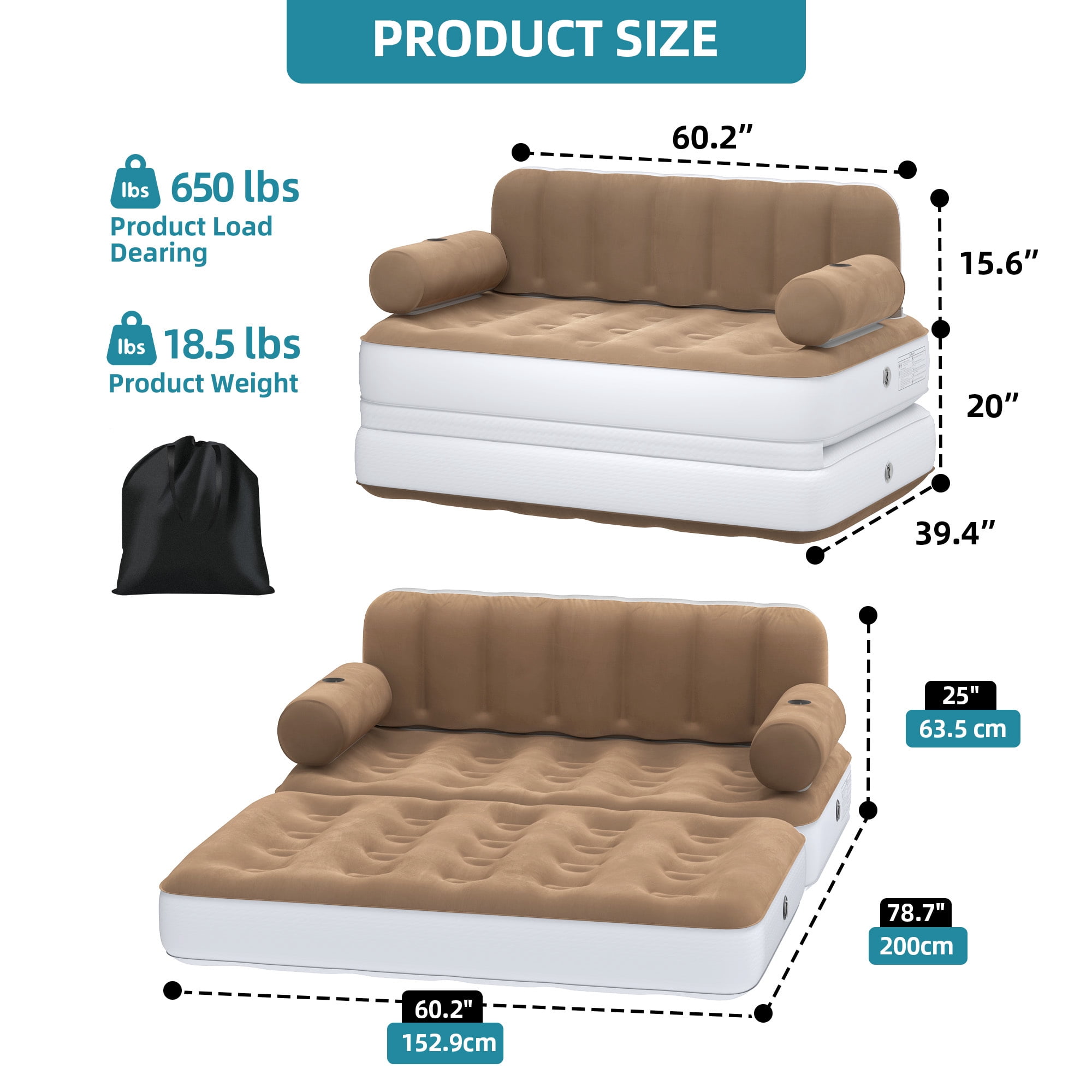 Uforic Queen Air Sofa Bed Mattress with Headboard & Pump for Home Camping Guests, Khaki