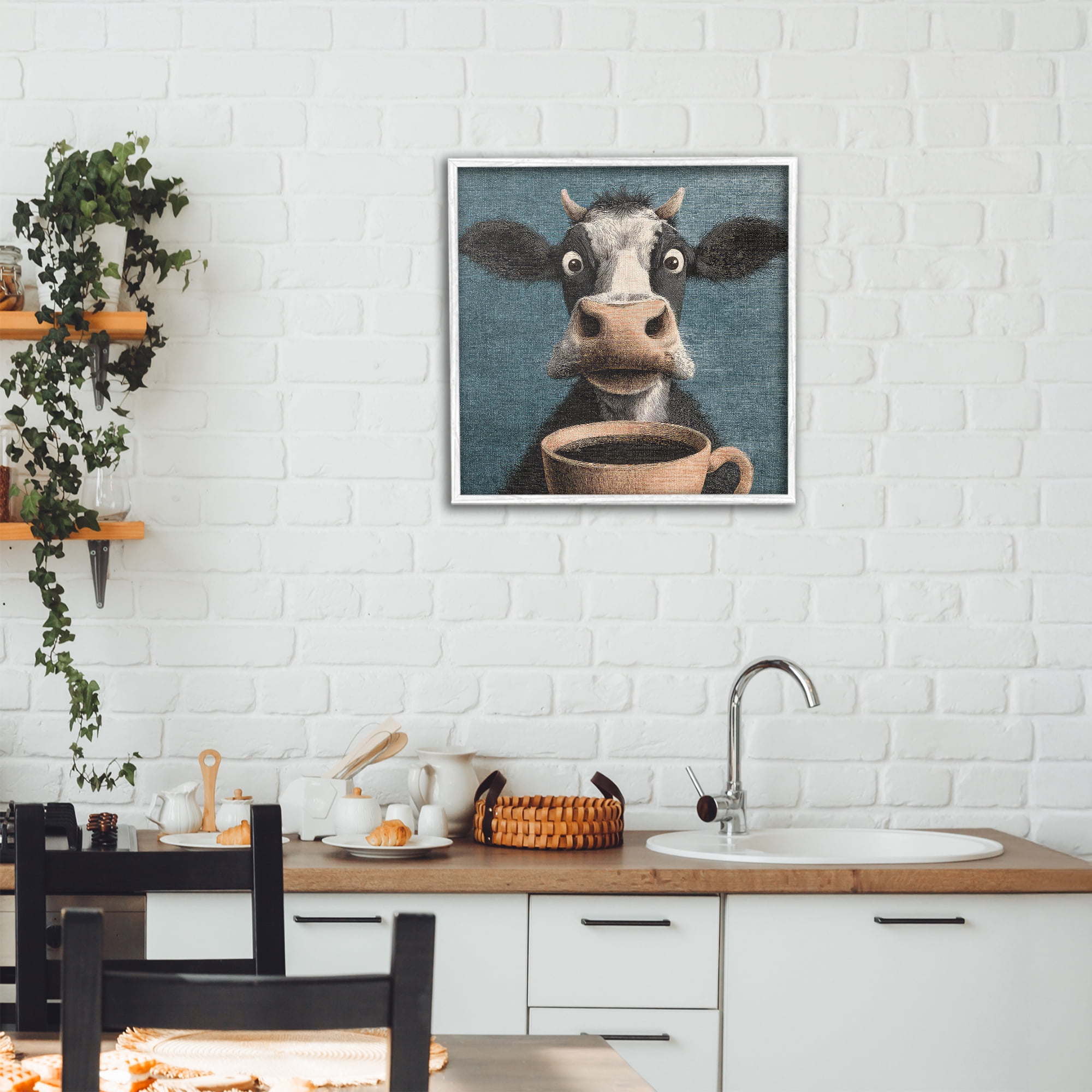 Stupell Industries Grumpy Cow & Coffee White Framed Giclee Art, design by The Wands Want