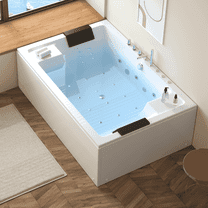 71" x 47" Two-Person Jetted Tub with 12 Bubble Jets, 6 Large Water Jets & 12 Small Back Sprays, Thermostatic Control, Lighting, Acrylic Soaking Tub – White, ETL Certified