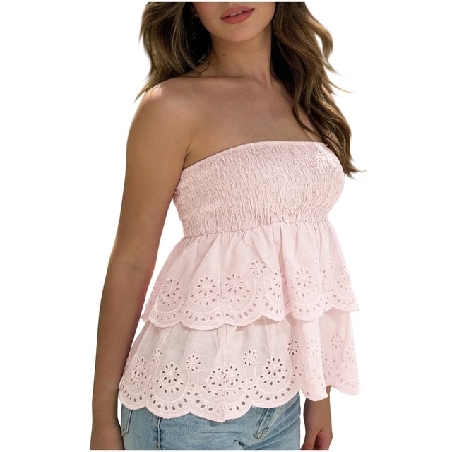 Tops de Hombro Frío Bordado Doble Capa de Pecho con Bordado Hueco, Tops de Verano de las Mujeres para las Vacaciones de Citas Informales