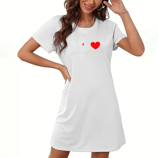 Camisón corto de San Valentín para mujer, talla grande, estampado en el pecho, cuello redondo, manga corta
