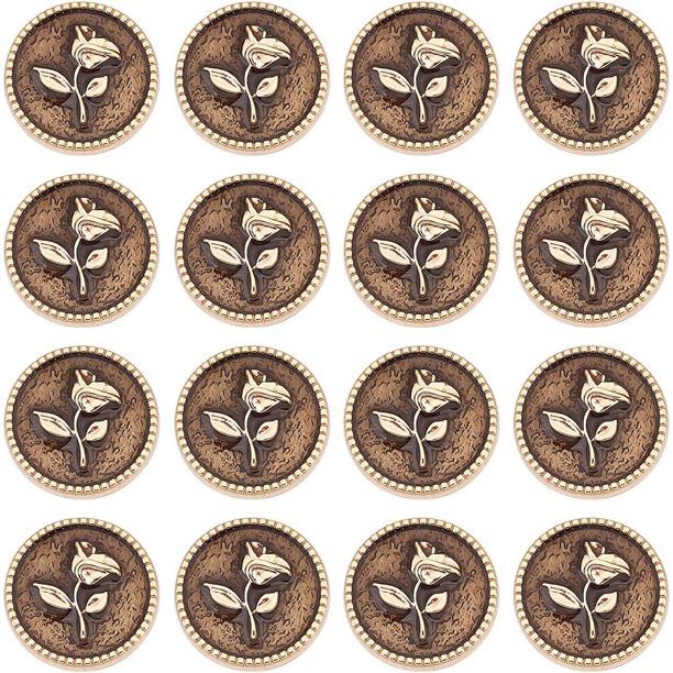 16 botones vintage de aleación, redondos, de 23 mm (0,9"), con orificio de 2 mm, diseño de rosa y vástago plano. Ideales para accesorios de prendas de vestir.