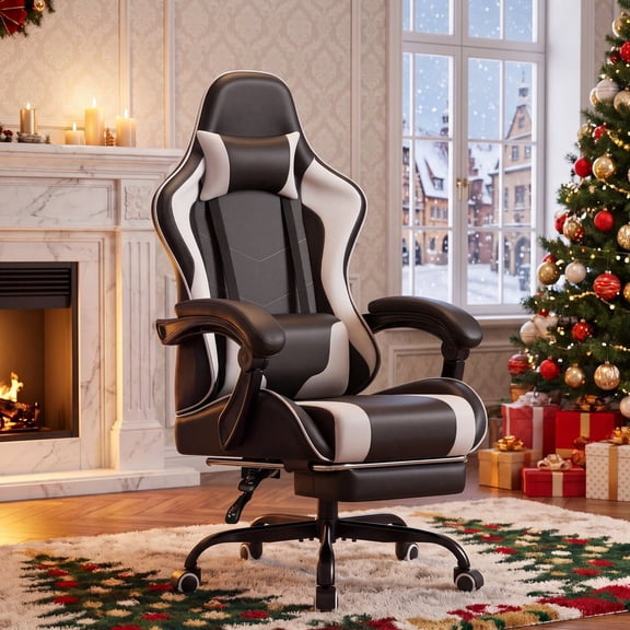 Homall Gaming Chair Massage Ergonomic Gamer Chair Height Adjustable Racing Chair PU Leather Computer Chair with Footrest & Lumbar Support, White