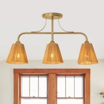 30" Modern Gold 3-Light Kitchen Island Chandelier with Natural Woven Rope Shades for Dining Room