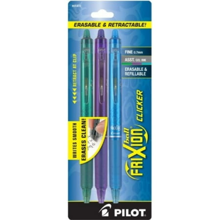 - Pilot FriXion Clicker Retractable Erasable Gel Pens Fine Point (.7) Green/Purple/Turquoise 3-pk; Make Mistakes Disappear, No Need For White Out with America’s #1 Selling Pen Brand