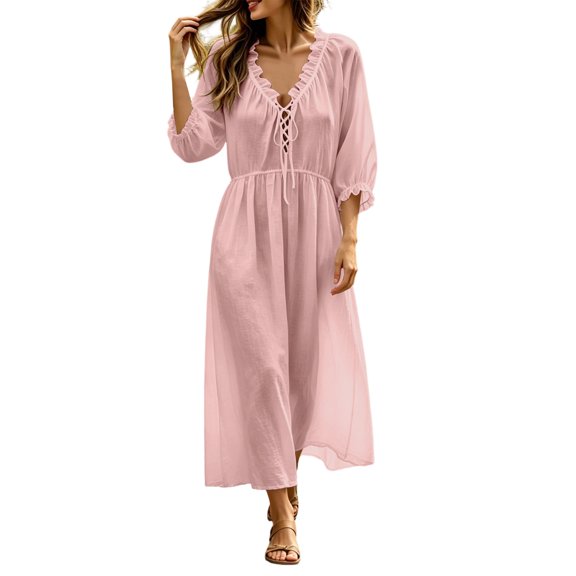 Levmjia Women's Long Sleeve V Neck Maxi Dress Casual Loose Flowy Dress with Pockets Tie Waist Boho Summer Beach Vacation Dresses