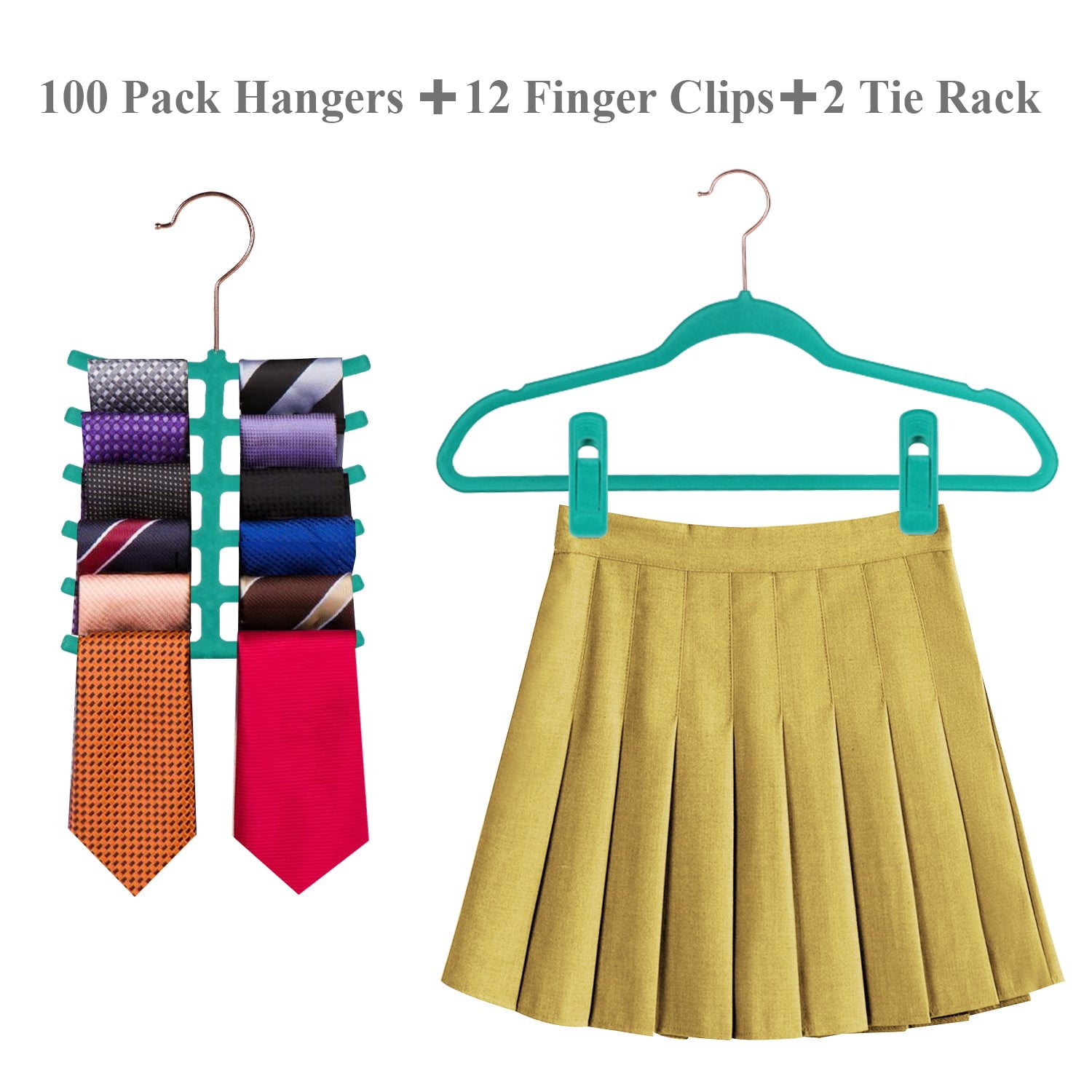 VECELO 100 Pack Velvet Non-Slip Heavy Duty Adult Hangers with 360° Swivel Hook, Ultra-Thin Space Saving Clothes Organizer for Coats Shirts Dresses Closet Storage-Green