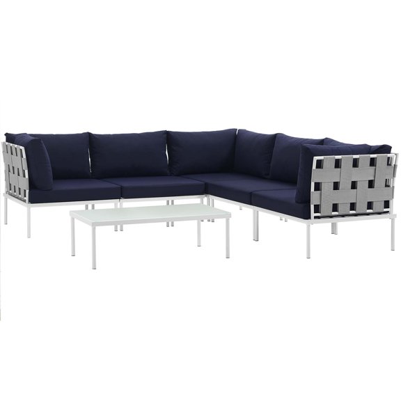 Modern Contemporary Urban Design Outdoor Patio Balcony Six PCS Sectional Sofa Set, Navy Blue White, Rattan