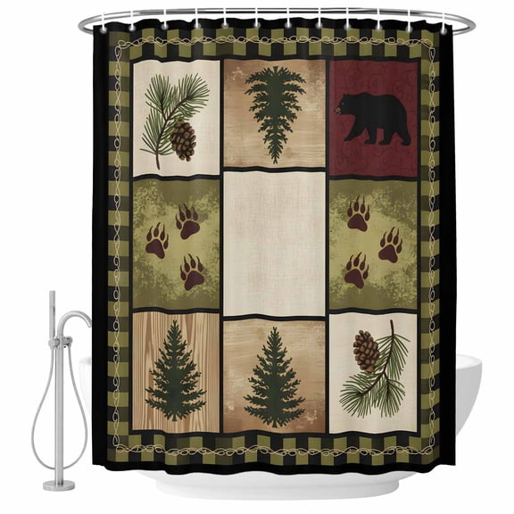 60x72 Inch Shower Curtains for Bathroom, Cabin Buffalo Plaid Fabric Bath Curtain Decor, Forest Bear Splicing Waterproof Restroom Curtains Shower Set Accessories with 12 Hooks 60 Inch