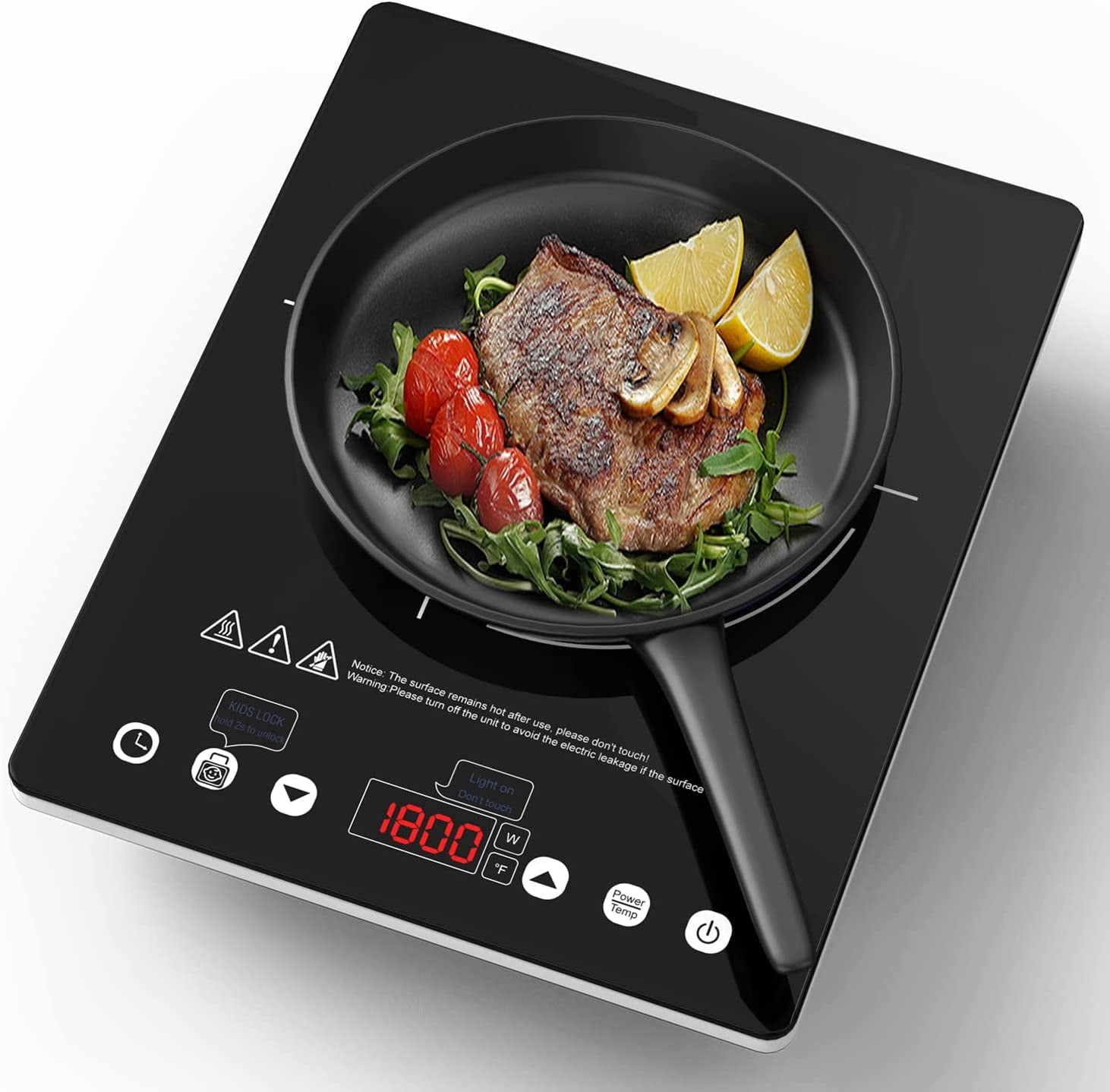 Electric Cooktop 110V, Single Burner Infrared Hot Plate 1800W, Black Crystal Glass Surface, 4-Hour Timer