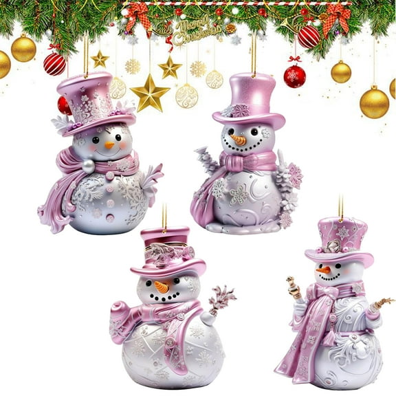 Lwlmwt Pink Snowman Christmas Ornaments Set of 4, Acrylic 2D Pink Ornaments for Christmas Tree, Cute Pink Snowman Decorations, Vintage Ornaments for Xmas Tree Holiday Crafts Hanging New Year
