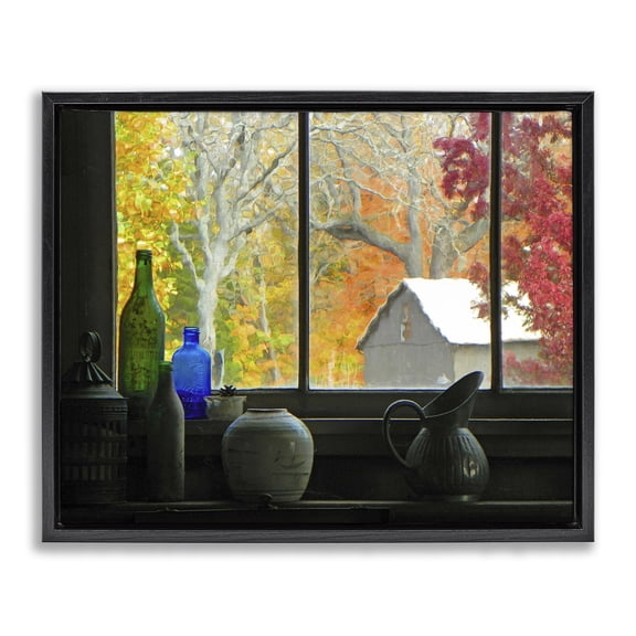 Stupell Industries Rustic Lodge Fall Foliage in Window Black Floating Frame Canvas Art, 21 x 17, by Graffitee Studios