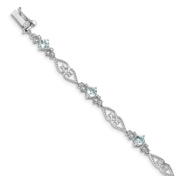 Sterling Silver Diamond Aquamarine Bracelet - .006 dwt 1.75 cwt - Measures 5mm Wide