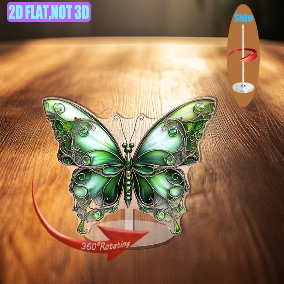 Rotating acrylic ornament featuring a vibrant green butterfly with intricate silver filigree and a dreamy pastel background, capturing magical realism and elegance