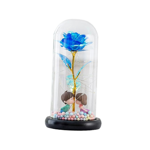 Flor artificial Rosa, cubierta de vidrio Lámpara LED Centro de mesa Luz de noche hecha a mano preservada Rosa para mujeres de , Azul Zulema Flores eternas