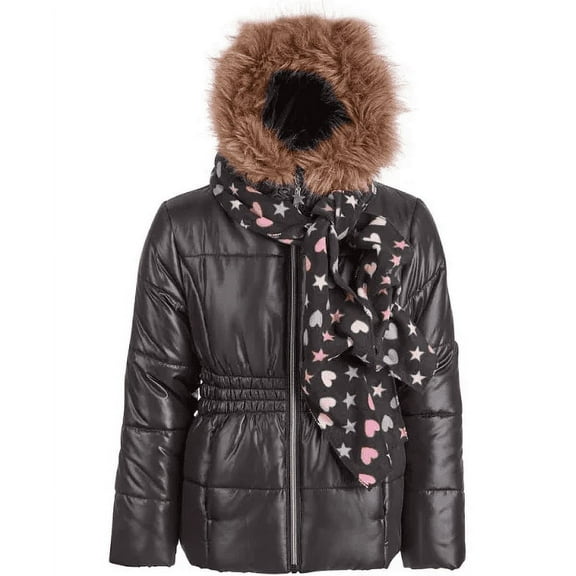 Rothschild Girls BLACK Puffer Jacket with Scarf & Faux Fur Trim L (14)