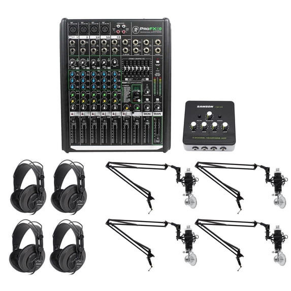 Podcast Studio Bundle w/Mackie 8-Ch Mixer+4) Mics+4) Samson Headphones+4) Booms