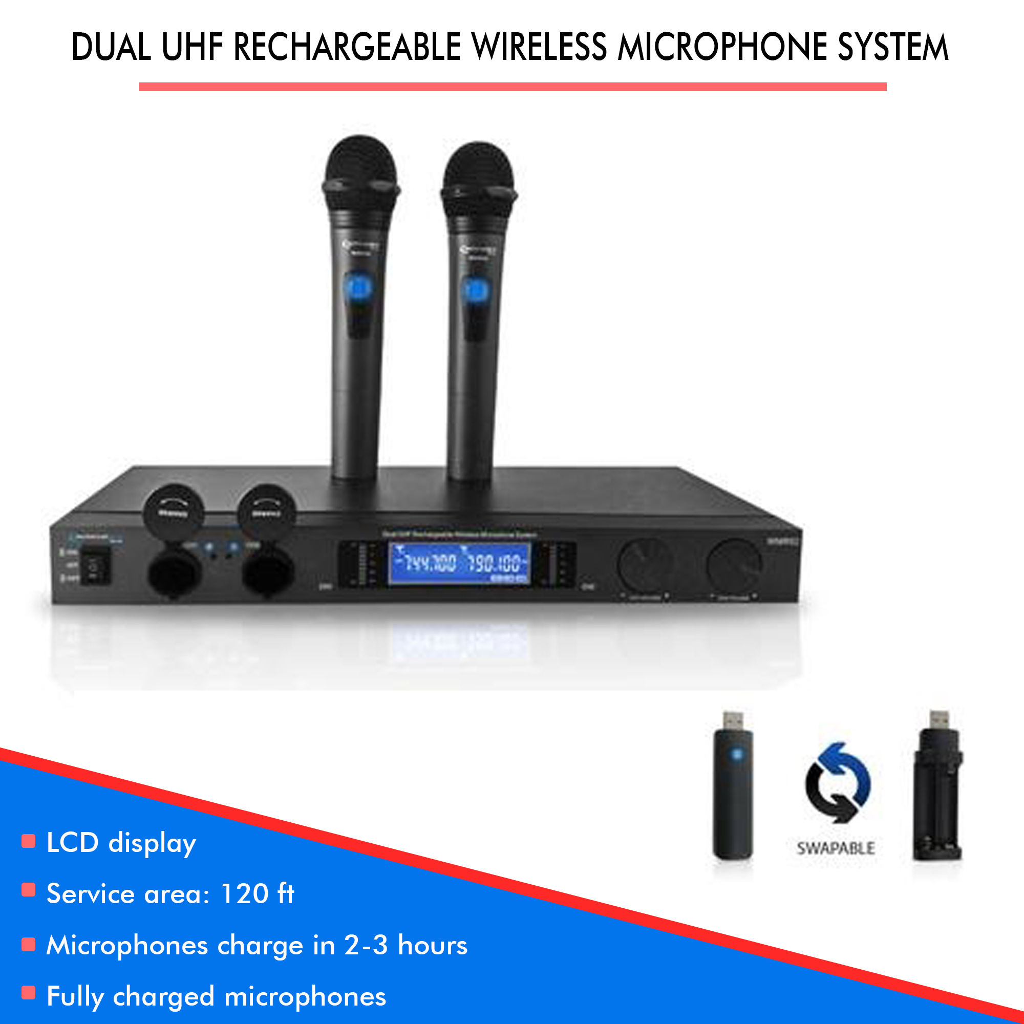 Technical Pro Dual UHF Wireless Microphone System Rechargeable Handhelds DJ Karaoke