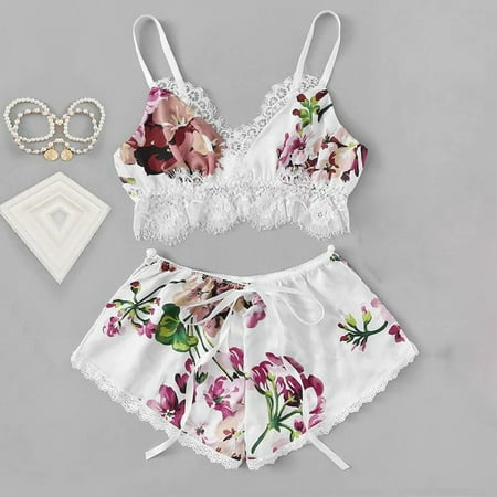 

MPWEGNP Fashion Sexy Lace Satin Trim Floral Bow Lingerie Set Pajamas Babydoll Sleepwear