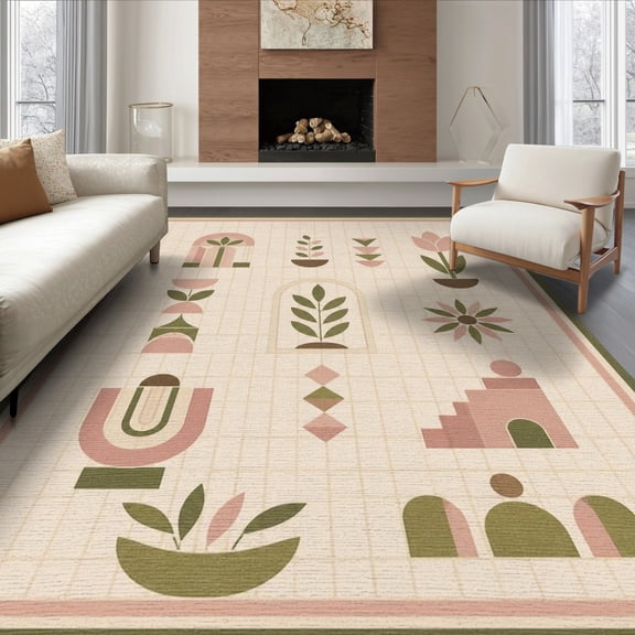 ODIKA 8'x10' Washable Area Rug Pink Green Geometric Floral Design Modern Abstract Shapes with Botanical Motifs for Dining Room, Large Office, Lounge, Non-Slip Chair-Friendly Mat