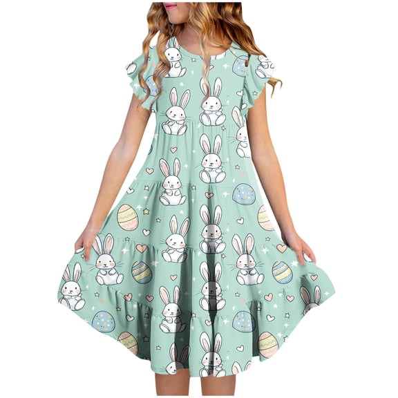 Avrntaa Easter Dresses for Girls Cute Rabbit Print Dress Ruffle Short Sleeve A-Line Casual Sundress for 4-13Y
