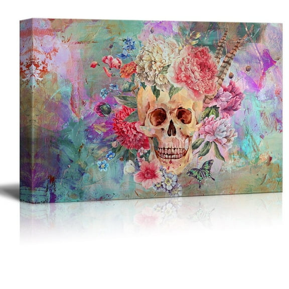 wall26 - Canvas Print Wall Art - Skull and Roses on Abstract Background - Gallery Wrap Modern Home Art | Ready to Hang - 12x18 inches