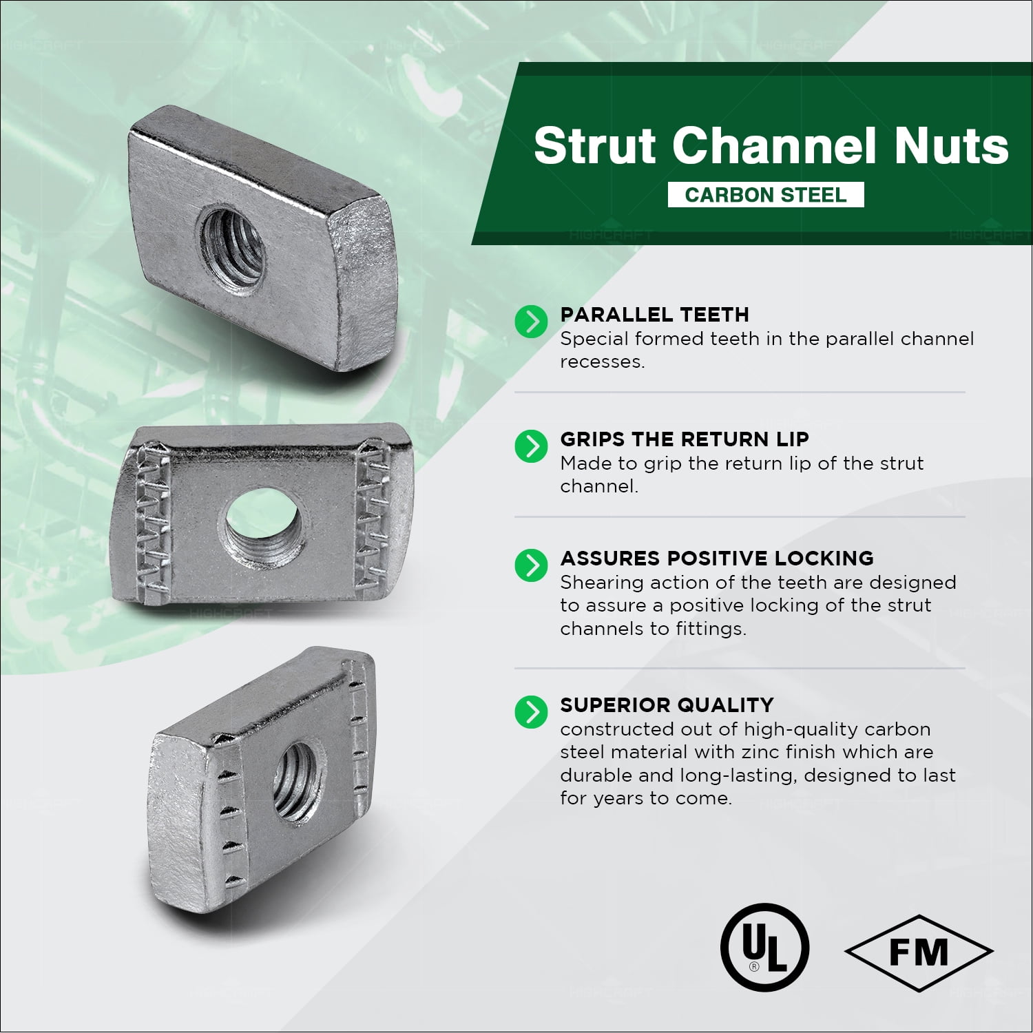 Highcraft 3/4" x 1-3/8" Threaded Strut Channel Nuts, Steel