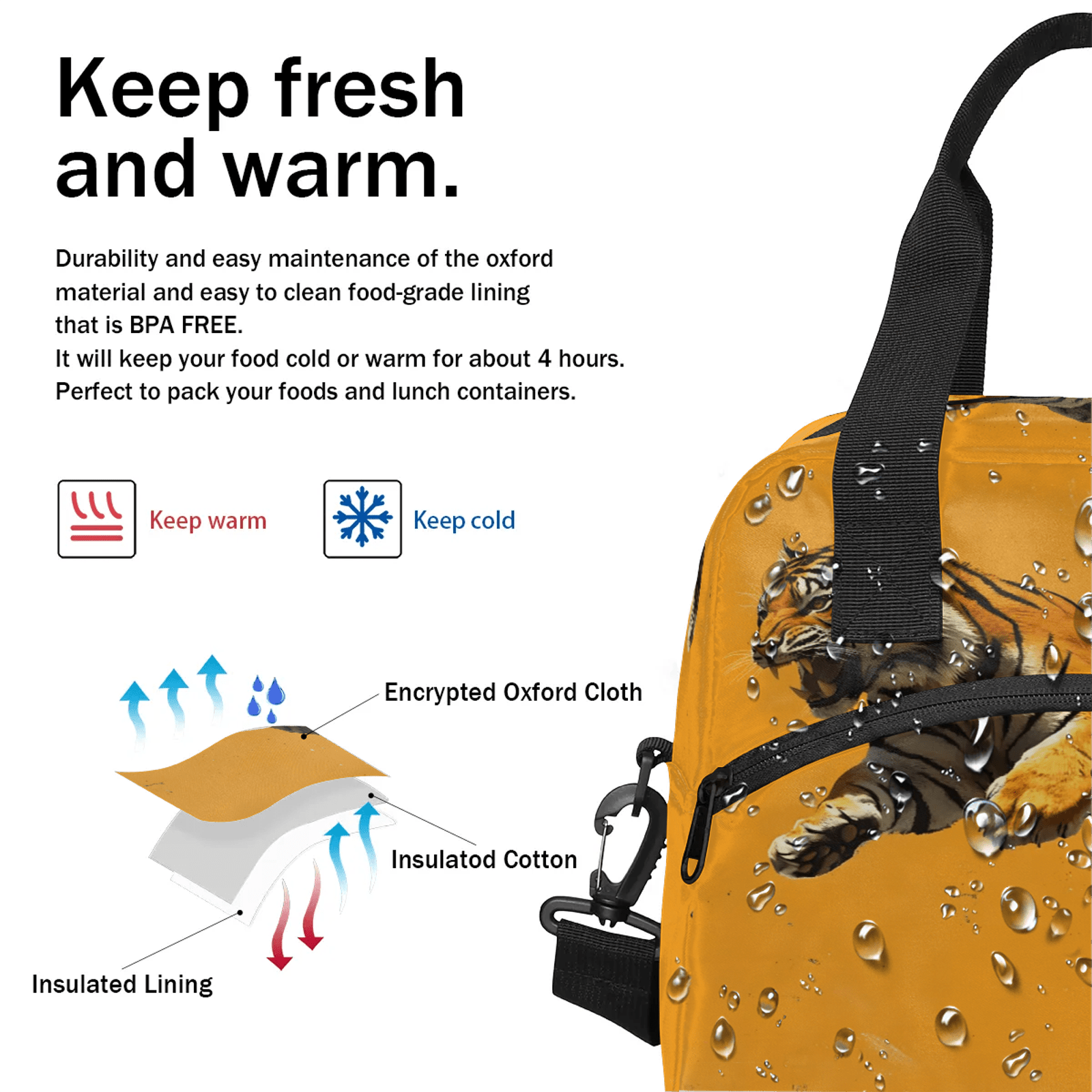 Herdesigns Tiger Lunch Bag for Women Men Adult, Funny Tiger Large Insulated Reusable Lunch Box Leakproof Portable Cooler Tote Bags for Work Picnic Beach