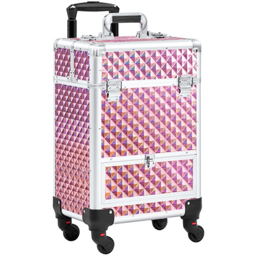 Topeakmart Rolling Aluminum Makeup Train Case Cosmetic Trolley with 4 Side Trays & 1 Slide-out Drawer, Glitter Pink