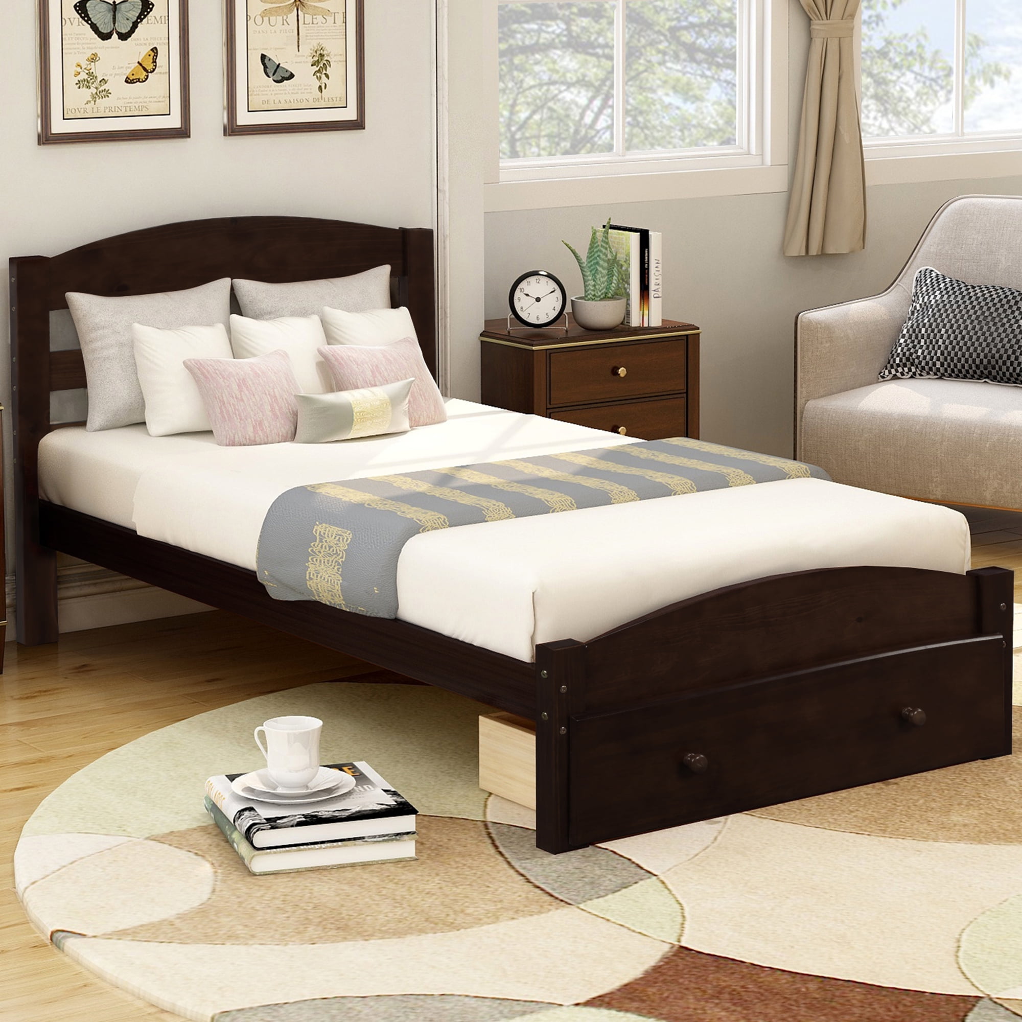 Clearance Wood Bed Frame Twin, Espresso Wood Bed Frame