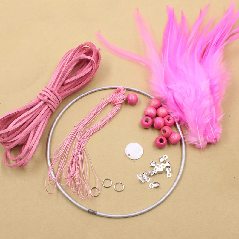 Dream Catcher Pink With 5 Mini Circles Beads And Feathers 12cm 