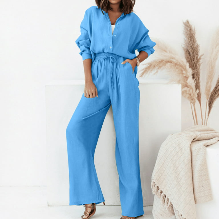ZHAGHMIN Classy Outfits For Women Women'S Two Piece Outfits Set Long Si  Button Down Shirt Blouse Top Drawstring Wide Leg Pants Solid Color  Tracksuit
