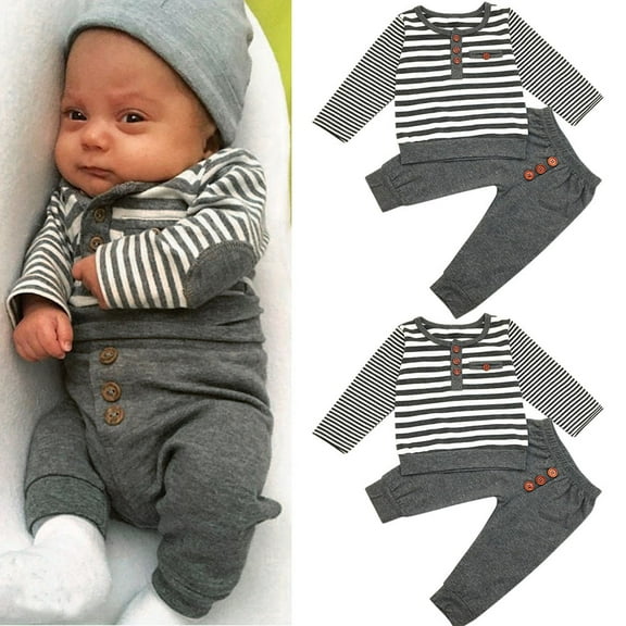 Kayannuo Baby Girl Clothes Long Sleeve Fall Winter Newborn Baby Boys Long Sleeves Stripe Tops Pants Infant Outfits Clothes Sets,Gray