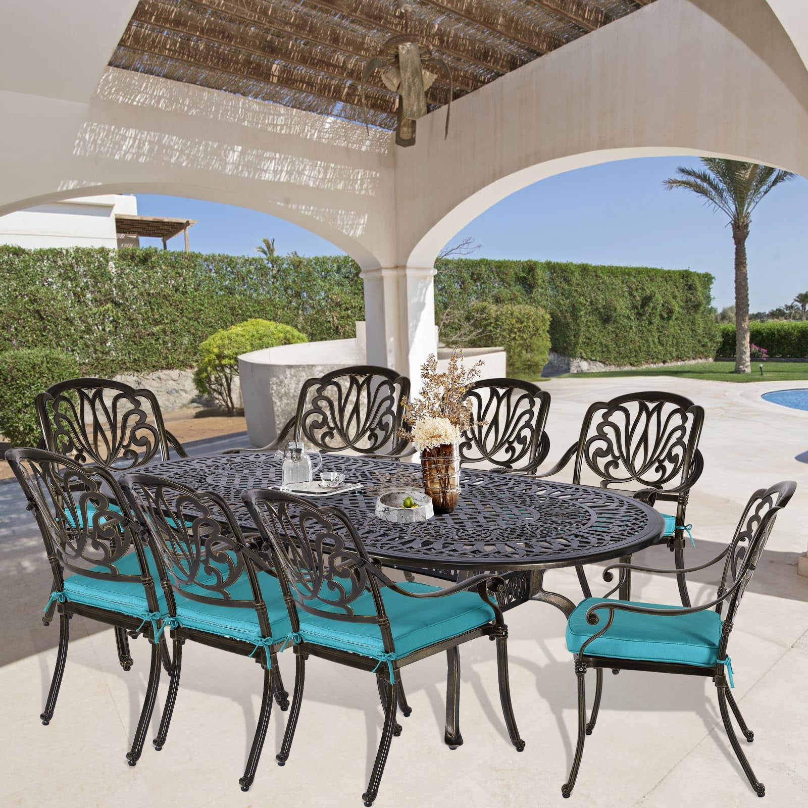 9-Piece Patio Cast Aluminum Dining Set, Outdoor Dining Furniture Set for 8 Person, Includes 84" Oval Table and 8 Cushioned Chairs with Umbrella Hole for Patio Deck Garden, Ocean Blue