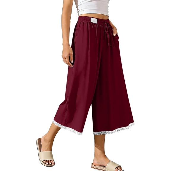 Maean Women's Wide Leg Capri Pants High Waist Baggy Flowy Trousers Cotton Linen Beach Pant with Pockets