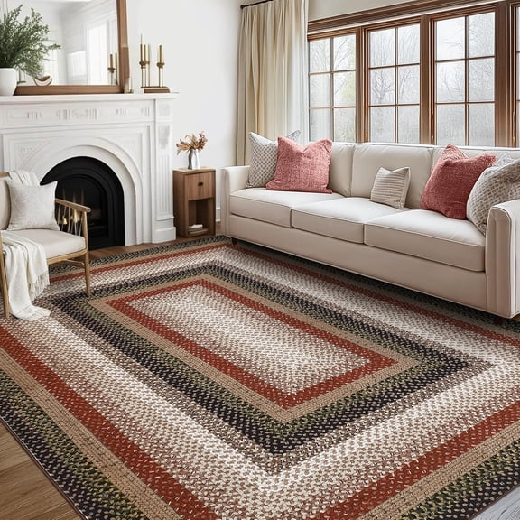 8x10 Washable Area Rug, Low Pile Printed Braided Pattern Rug with Non Slip Backing, Stain Resistant Polyester Carpet for Living Room, Bedroom, Dining Room, Home Office,Red Black