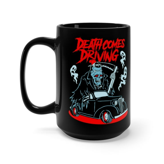 Grim Reaper Hearse Hot Rod Frankenstein Coffee Mug, 15oz, Black