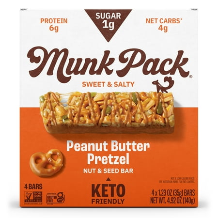 MUNK PACK 1g Sugar Nut & Seed Bars, Peanut Butter Pretzel - Low Carb Keto Bars, Low Sugar Snacks, Gluten Free - Box, 4 Count, 1.23oz