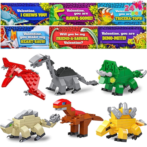 Tarjetas de San Valentín con bloques de construcción de dinosaurios, 24 paquetes