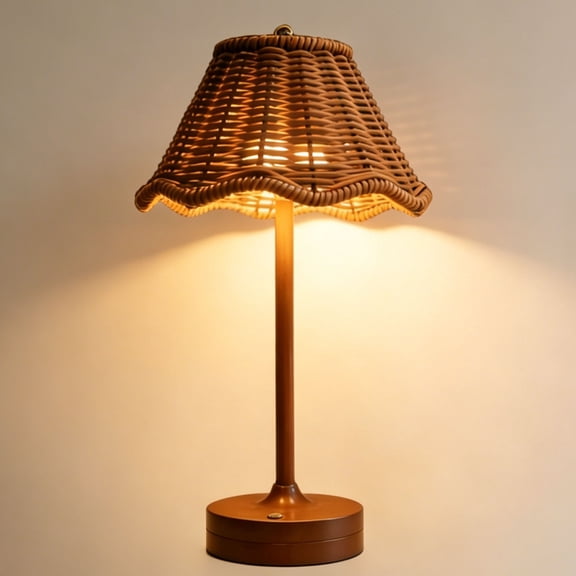 12.4'' Vintage Rattan LED Table Lamp, Rechargeable Touch Dimmable Bedside Lamp, with Scalloped Woven Shade, for Bedroom, Living Room, Patio