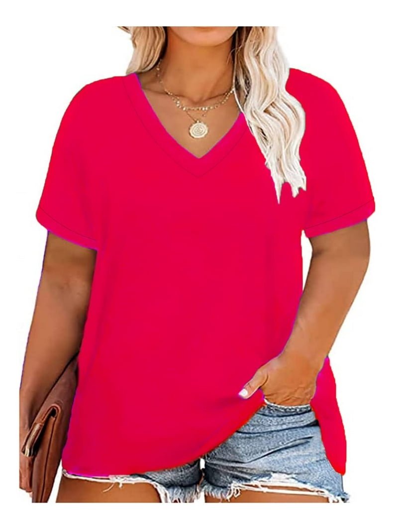 TIYOMI Plus Size Women 4X Basic Hot Pink Shirts V Neck Short Sleeve Tunics Summer Casual Blouse Solid Color Loose Fit 4XL 24W 26W - Walmart.com