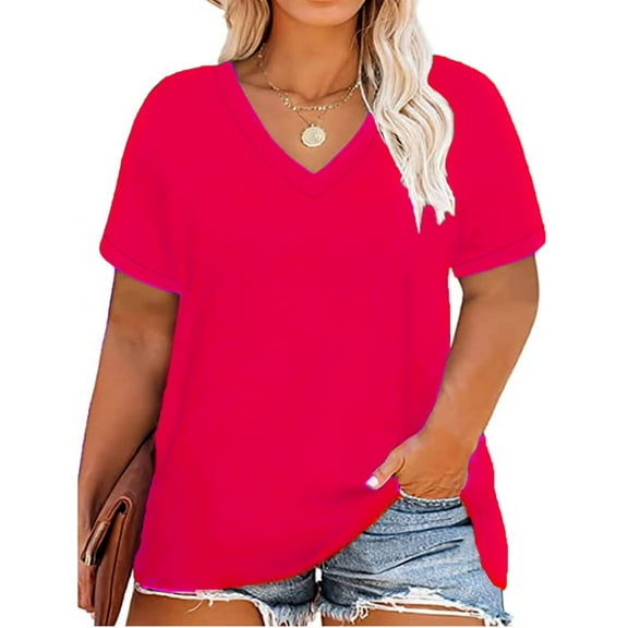 TIYOMI Womens Plus Size Shirts 2X Basic Summer Tops Short Sleeve Hot Pink Blouses V Neck Casual Solid Color Tees Casual Loose Fit 2XL 18W 20W