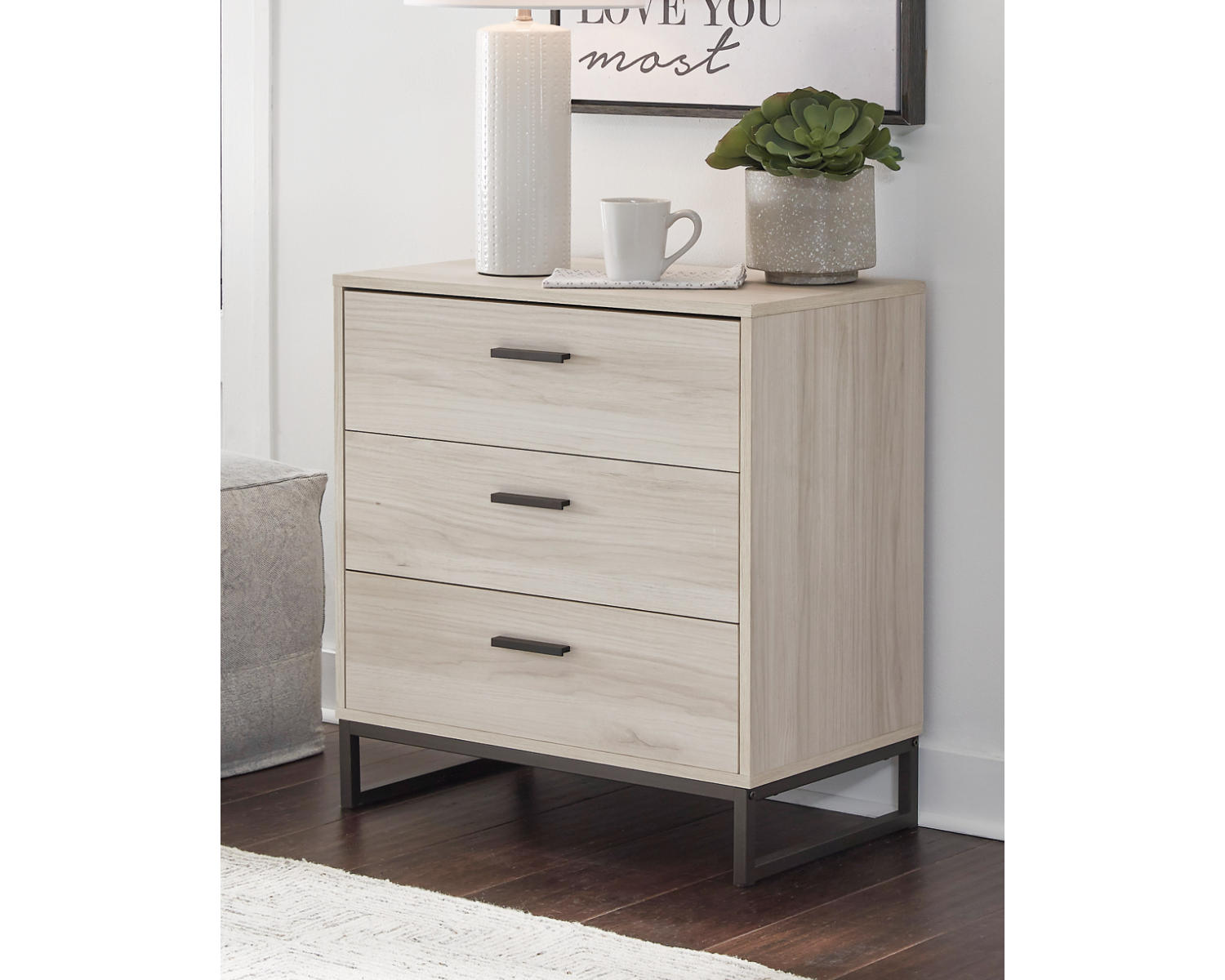 Signature Design by Ashley Socalle Modern Industrial 3 Drawer Chest of Drawers, Natural Beige