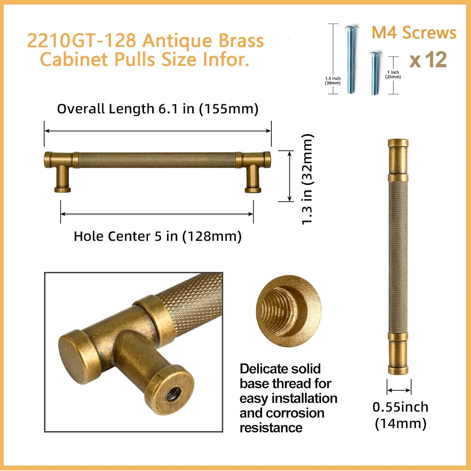 6 Pack Knurled Cabinet Pull Antique Brass Cabinet Pulls Handles, 5.04" c-c Vintage Brass Bar Drawer Pulls Kitchen Cabinet Hardware