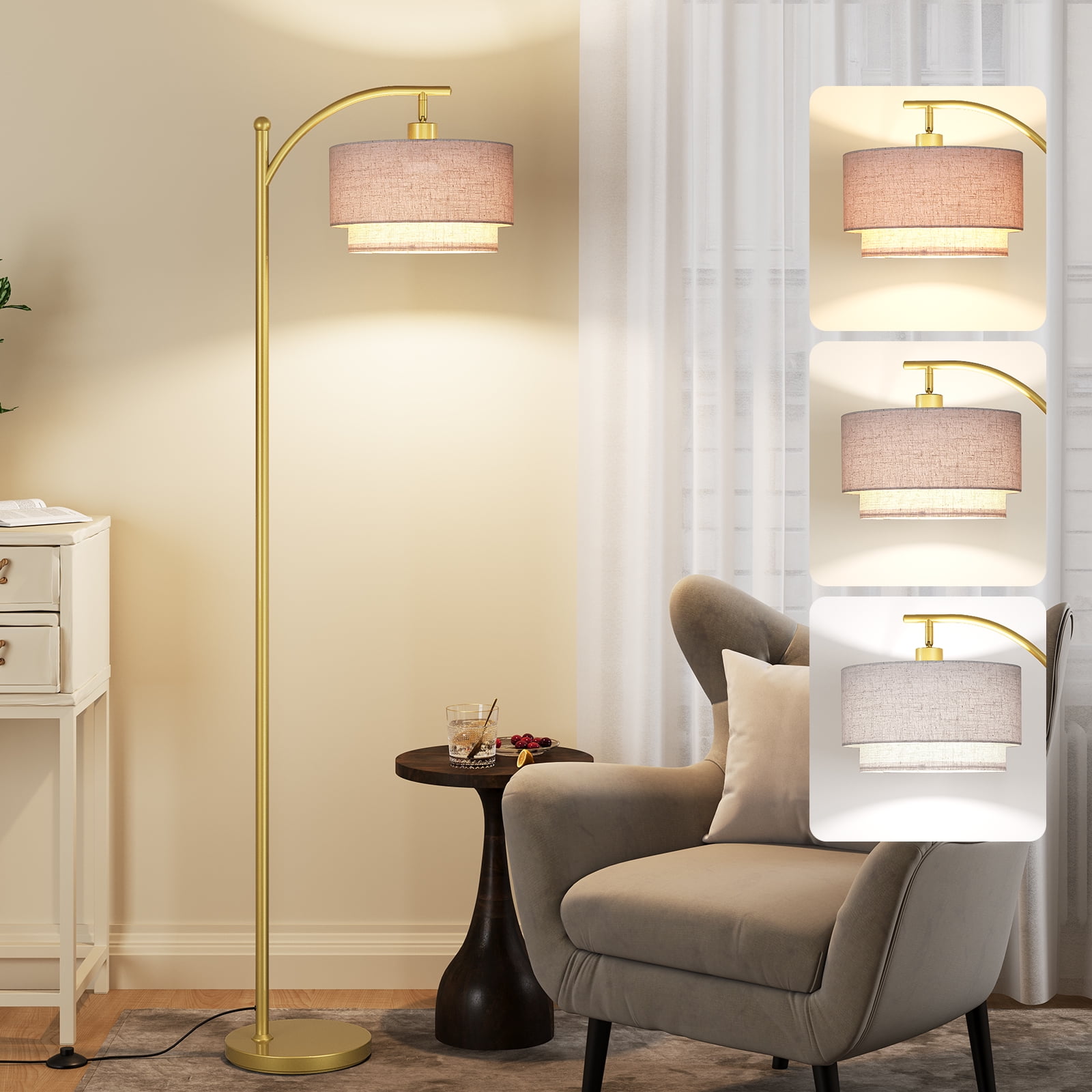 SUNMORY Arc Floor Lamp, Modern Corner Standing Lamp with Unique Hanging Douoble Drum Lampshade for Living Room, Bedroom, Study Room