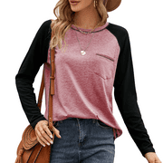 Aifer Womens Color Block Raglan Fitted Shirt Long Sleeve Fall Cute Casual Tunic Tops Dressy Blouses With Pocket