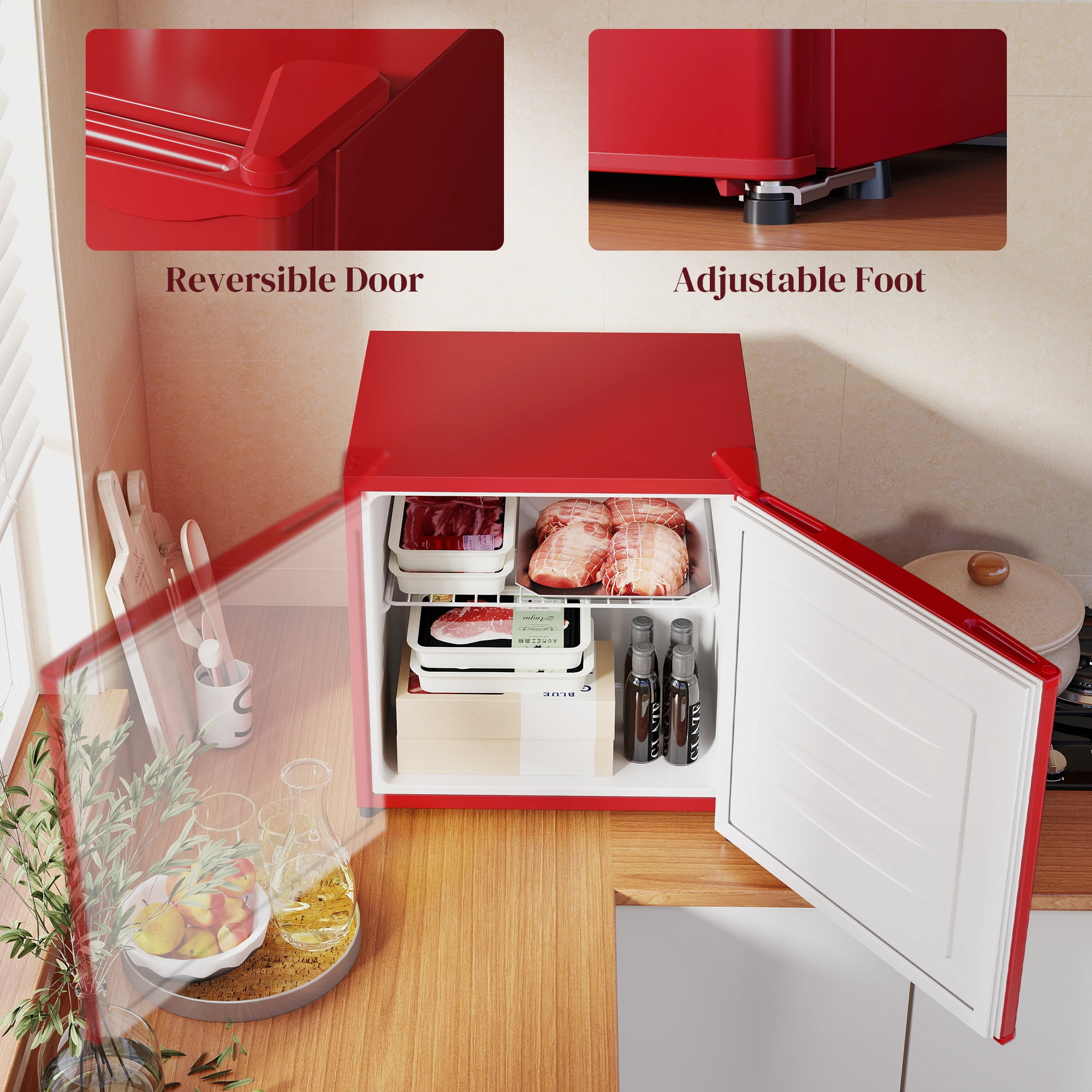 Homiyad 1.1 Cu.Ft Countertop Mini Freezer, Compact Upright Freezer with Removable Shelves, Red