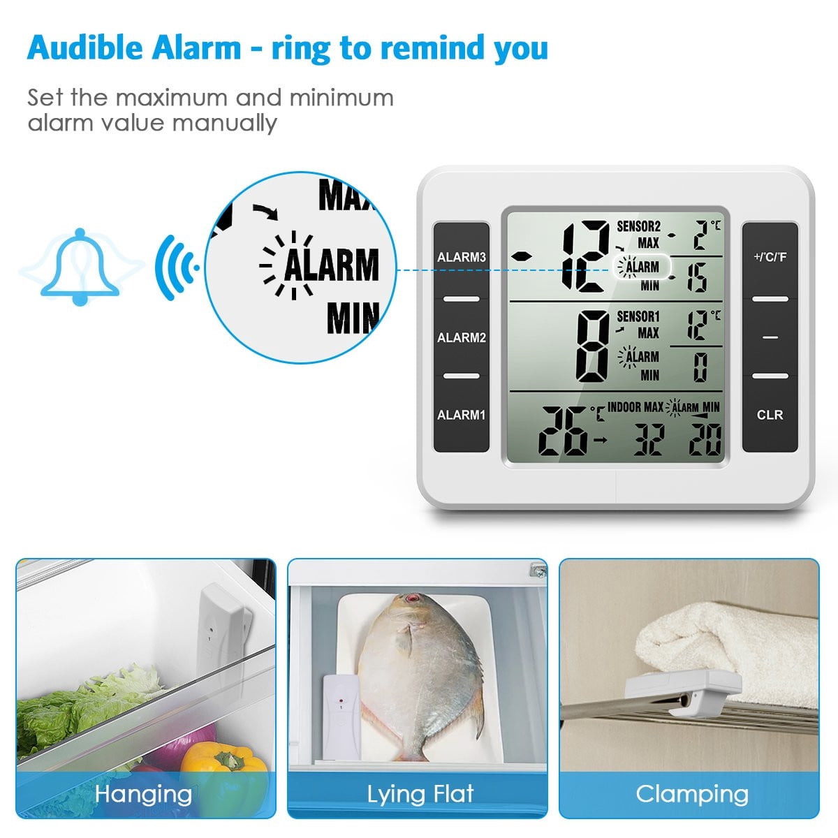 Refrigerator Thermometer, Wireless Indoor Outdoor Freezer Thermometer, Sensor Temperature Monitor with Audible Alarm Temperature Gauge for Kitchen, Freezer, Home,Mothers Day Gifts
