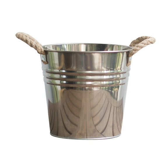 STRANDCHIC Rustic Stainless Steel Flower Bucket with Hemp Rope Handle, Garden Decor and Storage Flower Pot