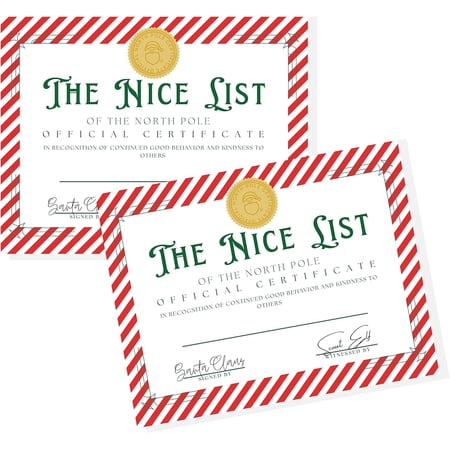 Nice List Official Certificate 25pk 8.5 x 11 Size Christmas Holiday Naughty or Nice North Pole Mail Santa Cam Official Nice List Certificate from Santa with Red Stripe Border Design